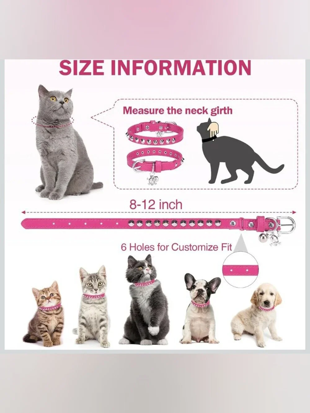 Pink Spiked Leather 😺 Cat Collars for Boy Girl Size S